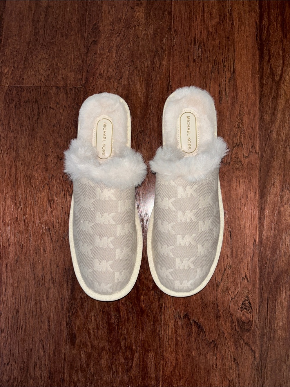 Michael Kors Cream Faux Fur MK Logo Slip-On Mules
